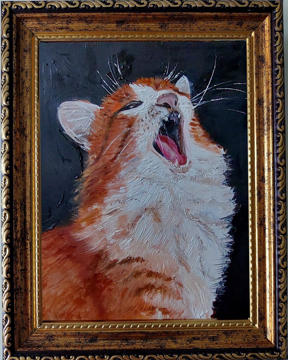 Impressionistic Animal Oil Painting By Ira Whittaker, 8 X 9, Yawning Ginger Cat, Original Artwork