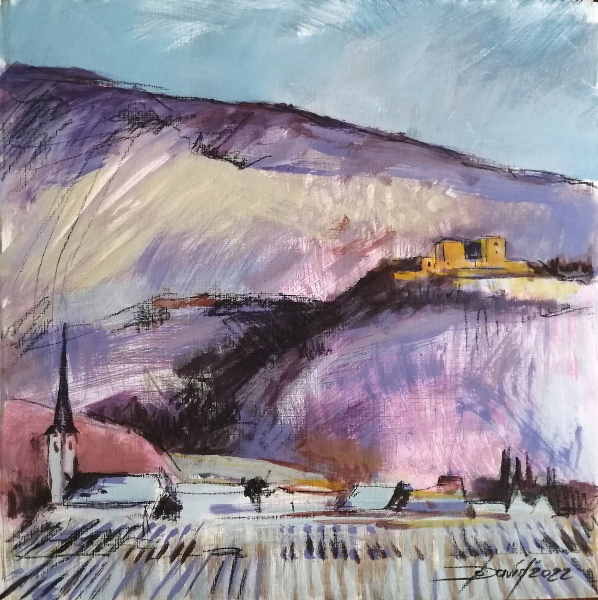 Expressive Landscape Acrylic Painting By Olga David, 13 X 13", Winter Mountain Landscape In Snow, Original Artwork