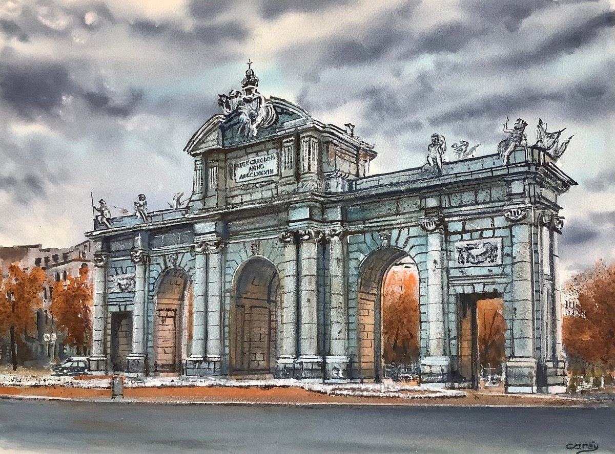 Impressionistic Cityscapes Watercolour By Darren Carey, 15 X 11, Puerta De Alcala Madrid, Original Artwork