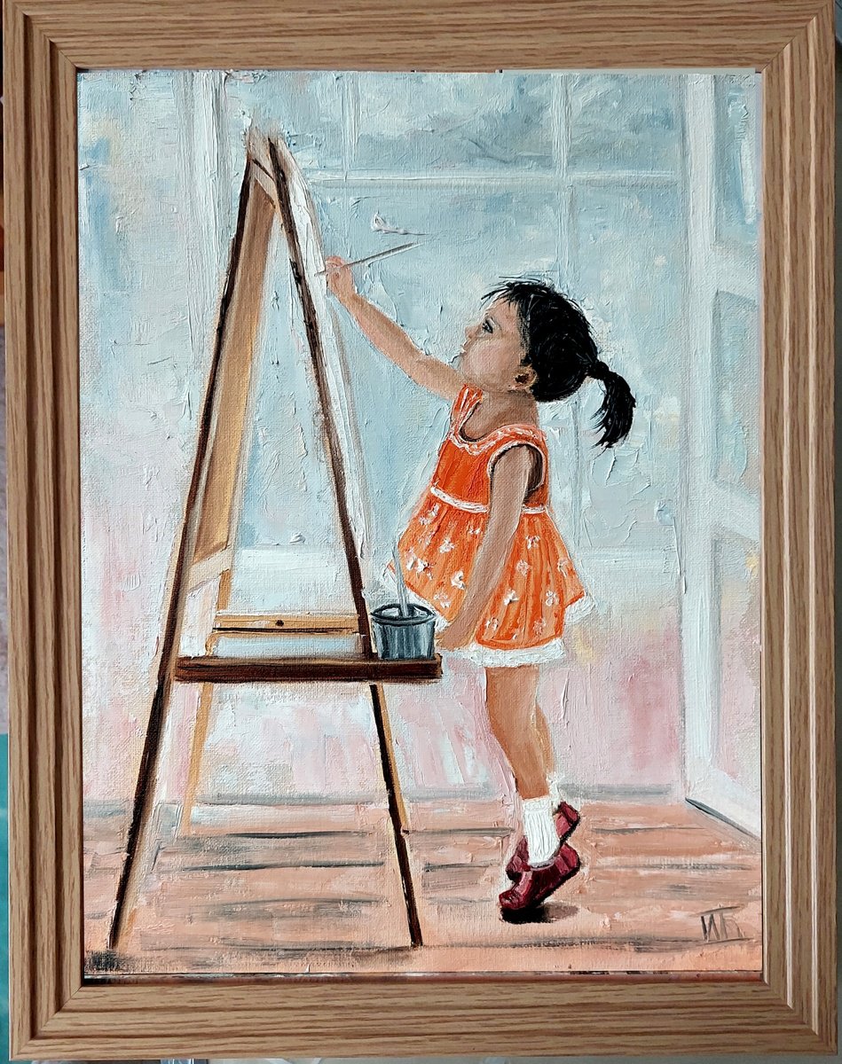 Impressionistic Portrait Oil Painting By Ira Whittaker, 14 X 18, Young Artist First Masterpiece, Original Artwork