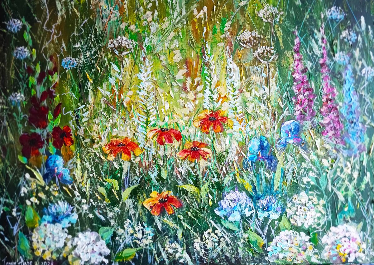 Impressionistic Botanical Oil Painting By Tatajana Obuhova, 28 X 20", Garden Flowers, Original Artwork