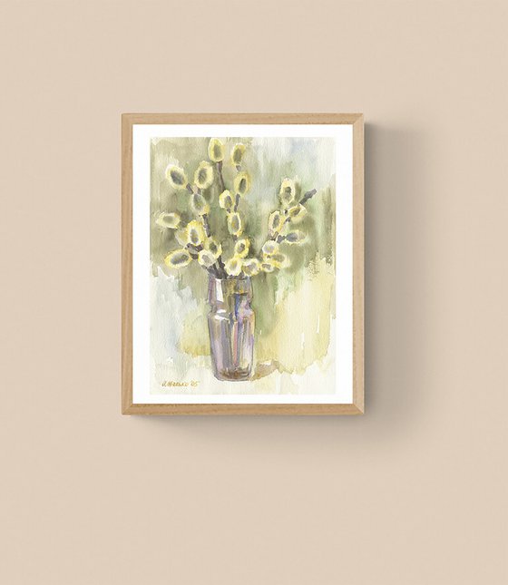 Pussy willow in vase / ORIGINAL watercolor 11x15in (28x38cm)