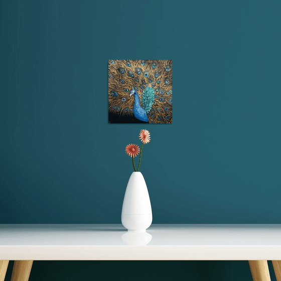 Peacock Watercolor Painting, Original Artwork, Small Metallic Painting, Shiny Wall Art