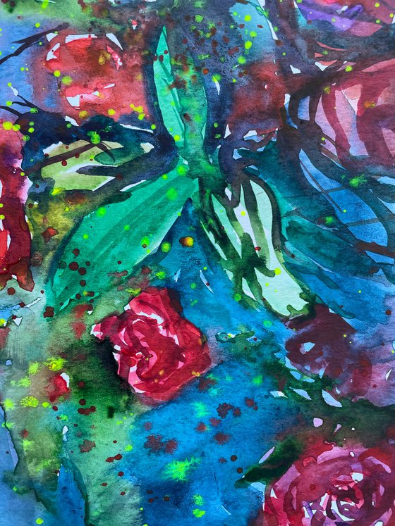 Abstract Flower Watercolor Painting, Roses Original Artwork, Red Floral Wall Art