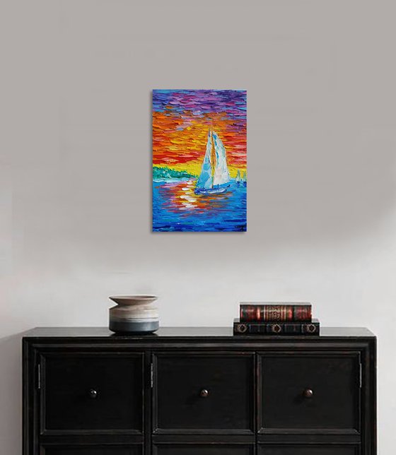 Lovely sunset - boat's sunset, oil painting, sea life, sky painting