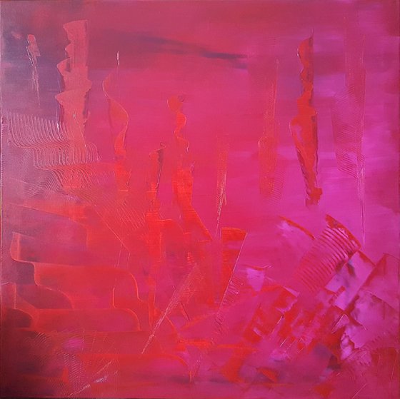 The spirals of Love  - XL 110x110 cm -  red, magenta, purple  abstract painting