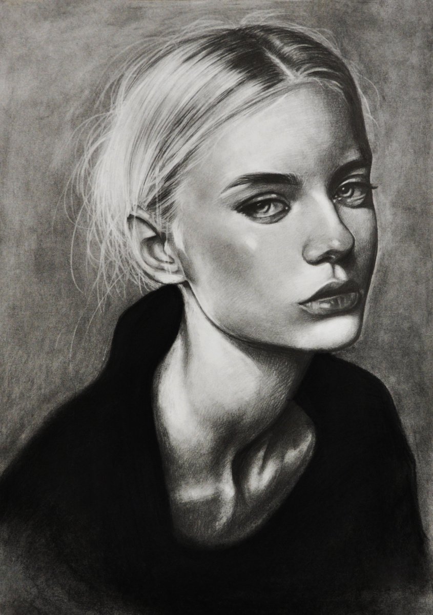 Photorealistic Portrait Charcoal Drawing By Anastasia Terskih, 17 X 23, 