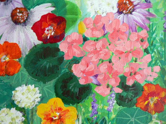 My little garden  (large landscape format colourful painting of flowers and plants in an expressionist style)