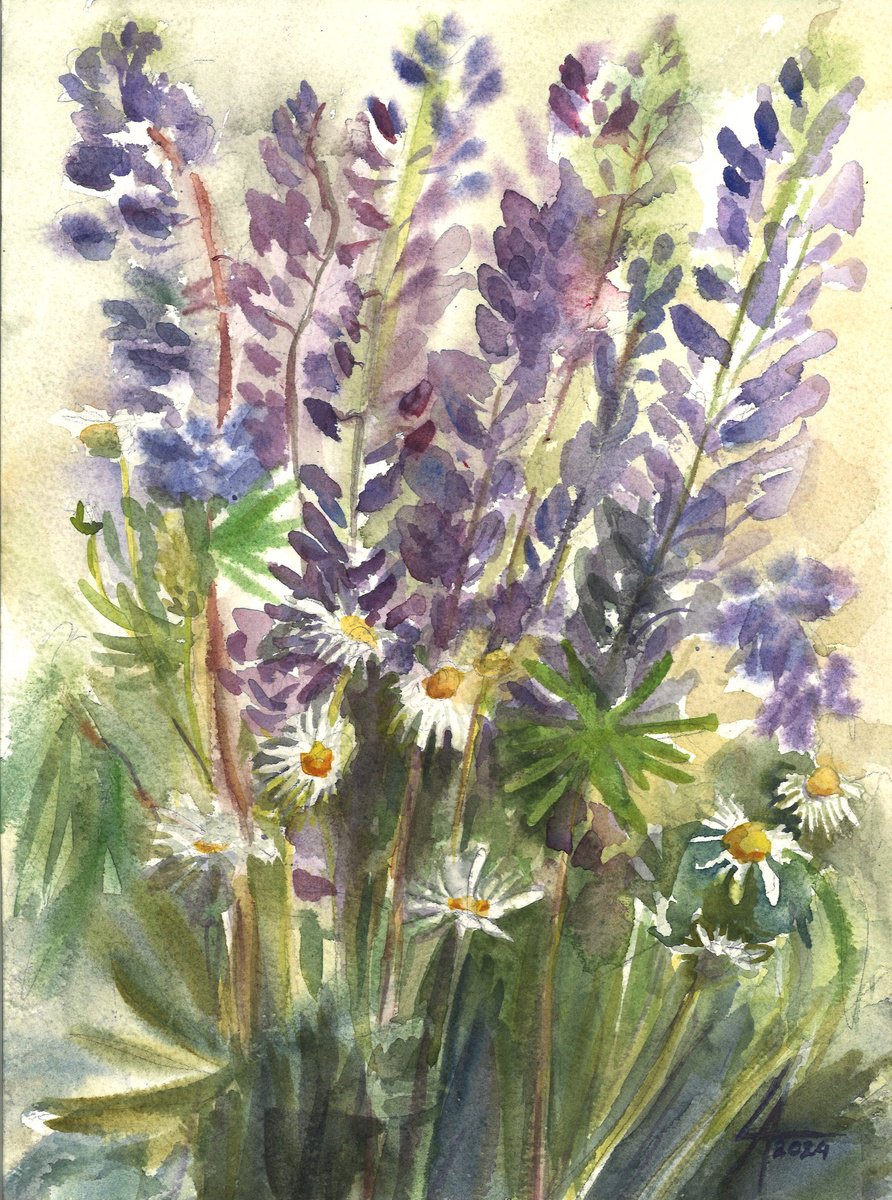 Impressionistic Botanical Watercolour By Elena Lykhodid, 9 X 12, Lupine Fields, Original Artwork