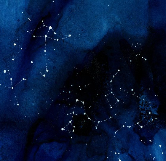 "Depth of Space" abstract dark blue watercolour with white dots constellations