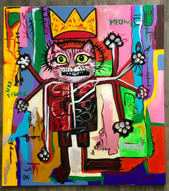 KING TROY the cat, ( 102 x 91 cm, 40 x 36 inches),  multi-armed, multitasking, inspired by Basquiat and Indian culture, solving the problems of the modern rapidly changing world in parallel and seamlessly