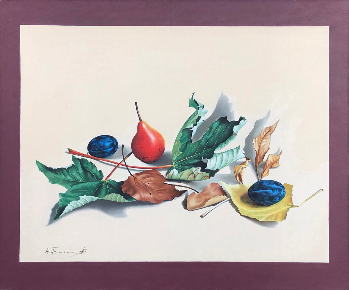 Photorealistic Still Life Oil Painting By Alexander Titorenkov, 24 X 20, Still Life With Autumn Leaves, Original Artwork