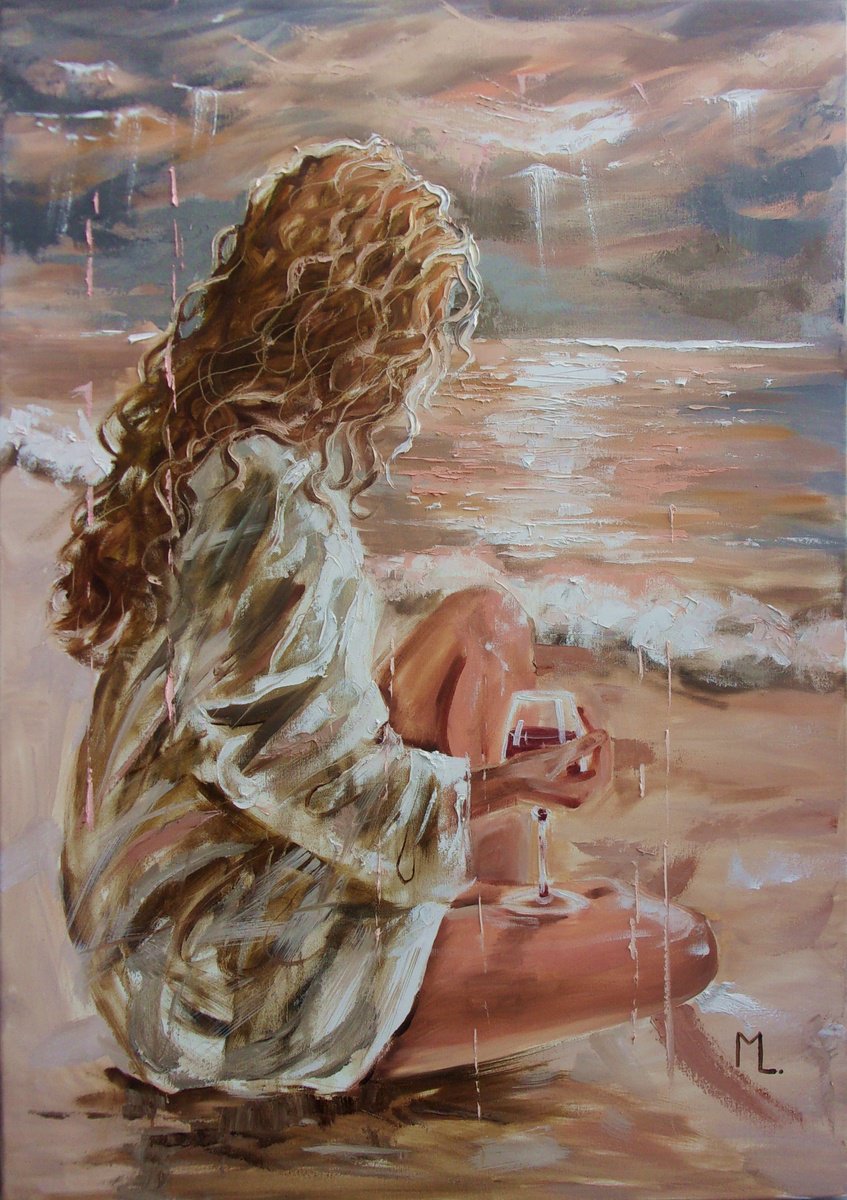 Expressive Portrait Oil Painting By Monika Luniak, 28 X 39", " Sunset On My Beach With Red Wine ", Original Artwork