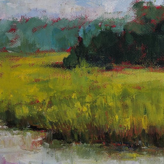 Meadow river - multicolored textured semi abstract landscape oil painting