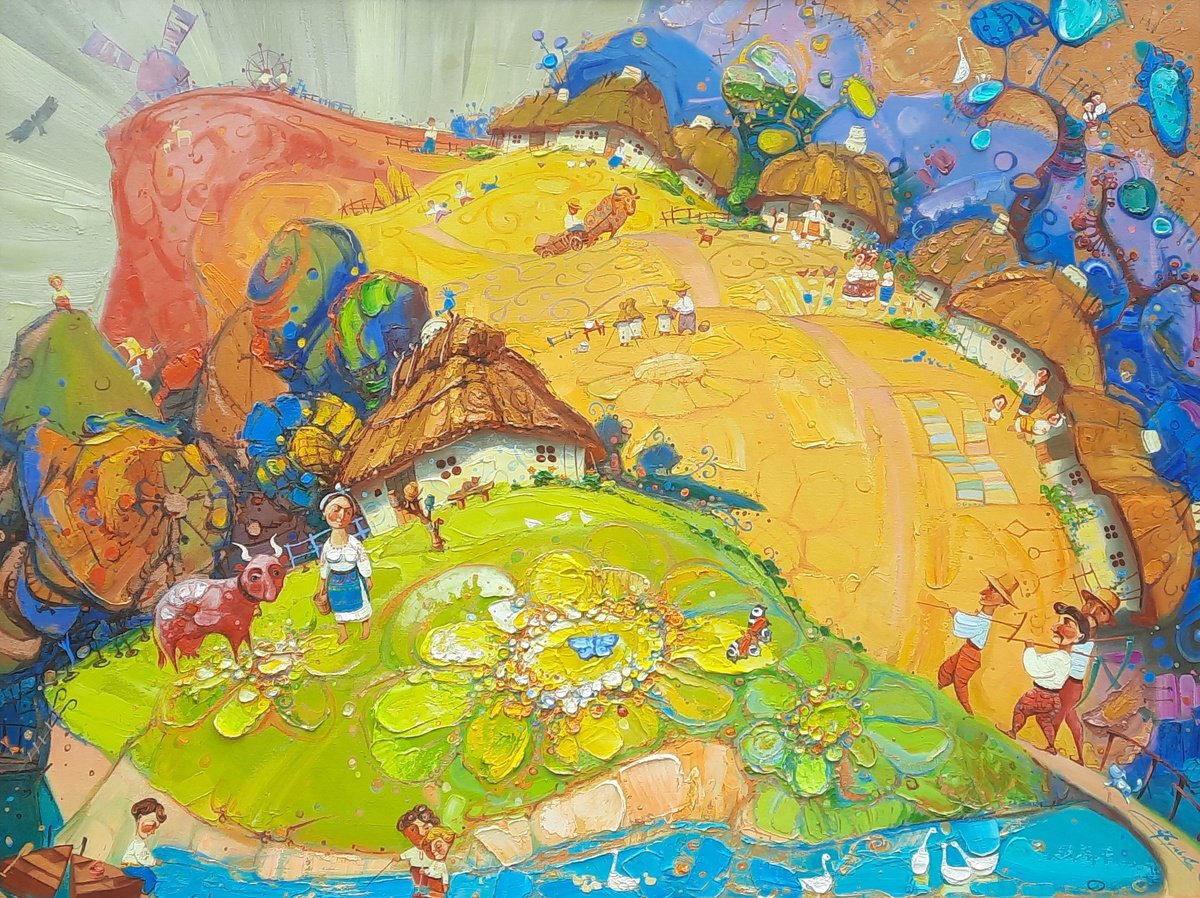 Naive Landscape Oil Painting By Oksana Zbrutska, 48 X 36", "Golden Days Of Childhood", Original Artwork