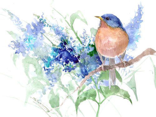 Bluebird and Blue Flowers by Suren Nersisyan