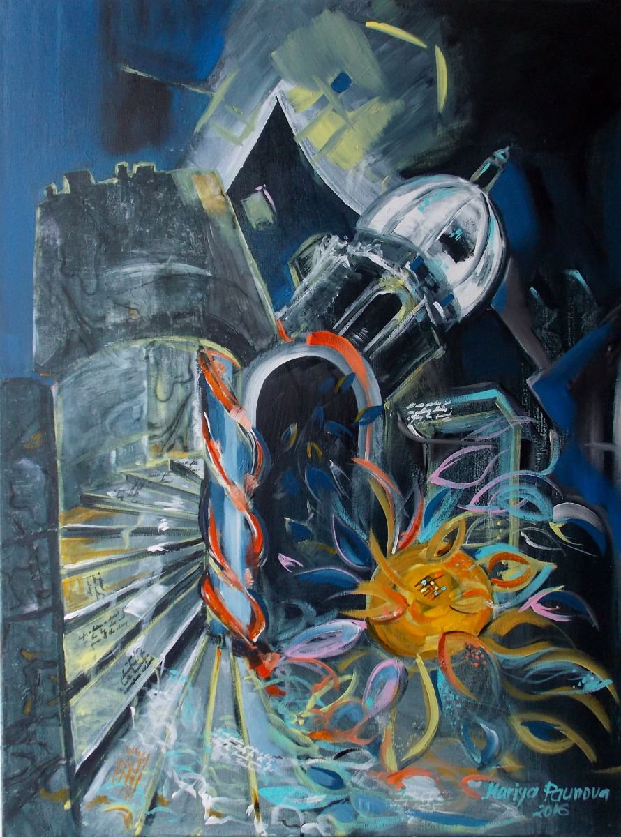 Abstract Cityscapes Acrylic Painting By Maria Paunova, 24 X 31", Words Of Love, Original Artwork