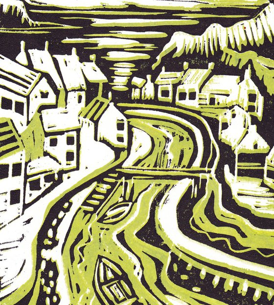 Staithes - two colour print (lime and black)