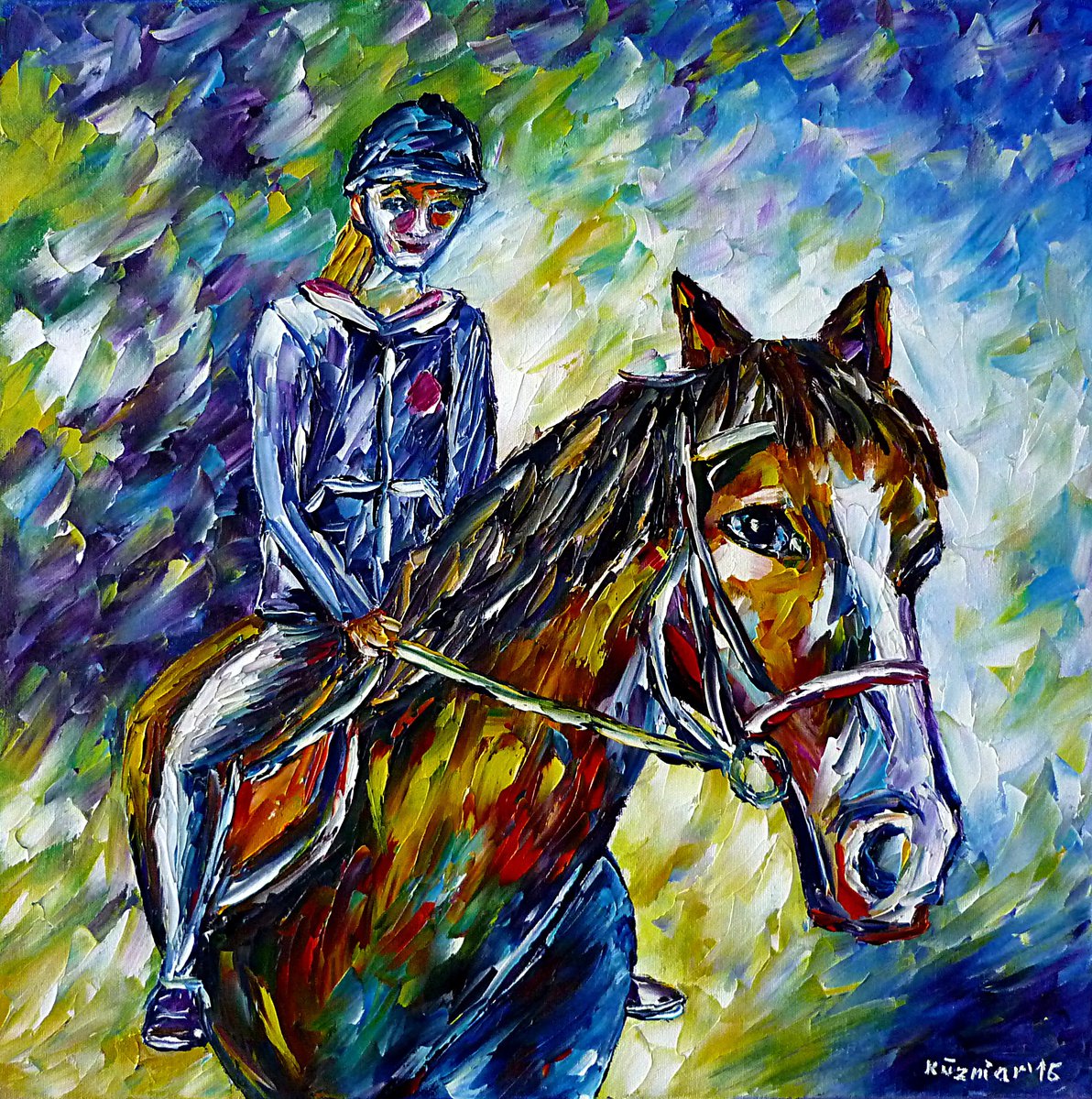 Expressive Animal Oil Painting By Mirek Kuzniar, 20 X 20", Girl On A Horse, Original Artwork