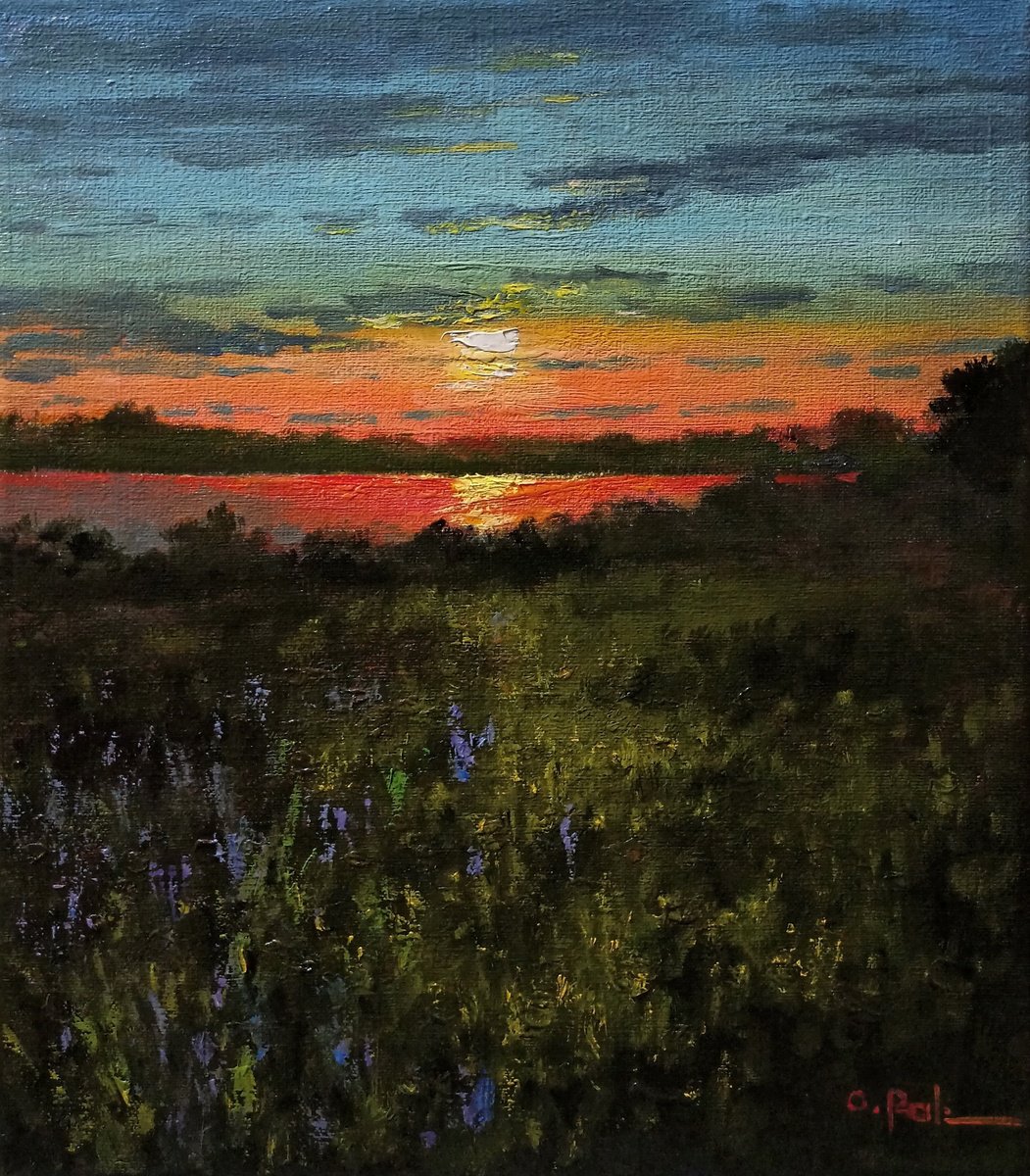 Impressionistic Landscape Oil Painting By Oleh Rak, 14 X 16", A Quiet Evening By The River, Original Artwork