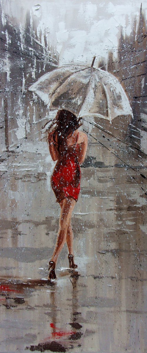 " RAINY SPRING ... "  RAIN street spring summer original painting CITY palette knife GIFT by Monika Luniak