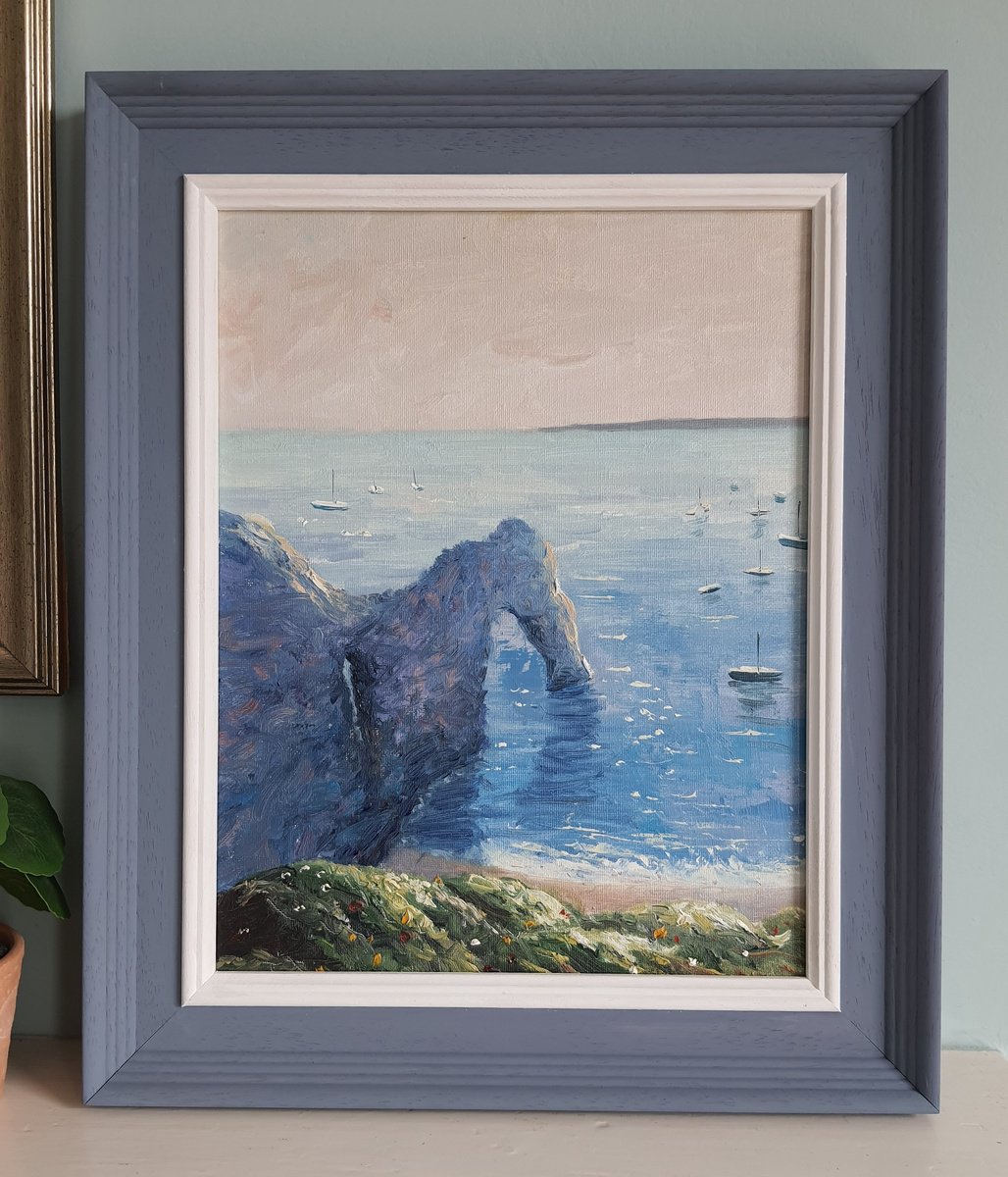 Impressionistic Landscape Oil Painting By Roberto Ponte, 15 X 18", Durdle Door Jurassic Coast, Original Artwork
