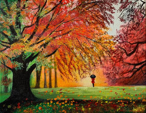 Autumn walk !!  Ready to hang painting!! Autumn landscape by Amita Dand