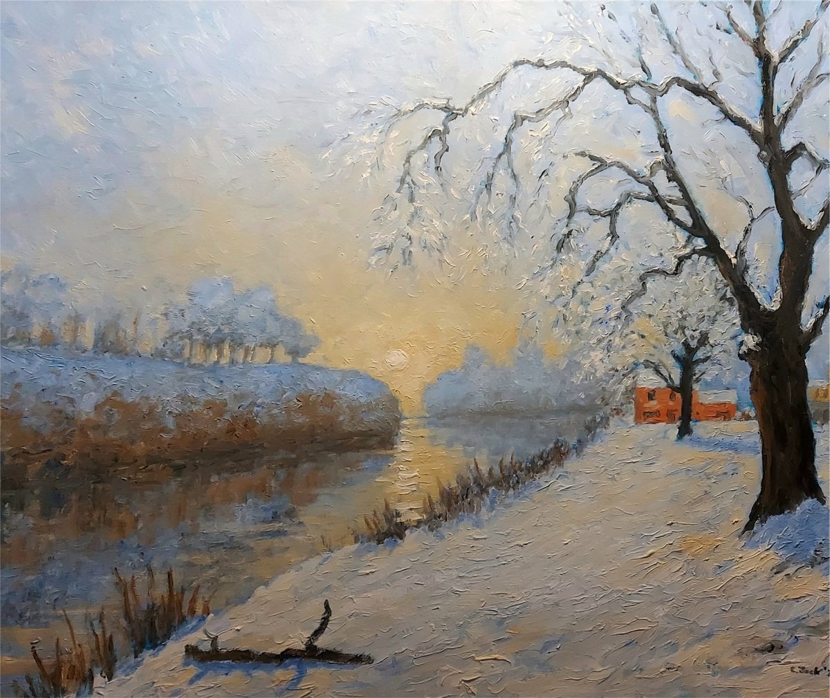 Oil Painting , Snow On The Severn: Sunset By Colin Ross Jack, 30 X 24, Artwork For Sale On Artfinder