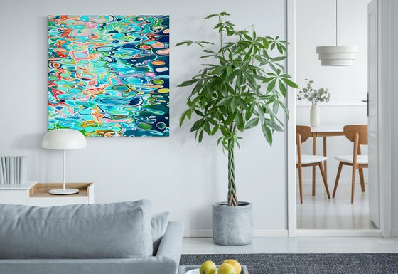 Turquoise sea ocean cool blue color waves with bright sun glares. Impressionistic artwork. Large wall art home decor. Art Gift