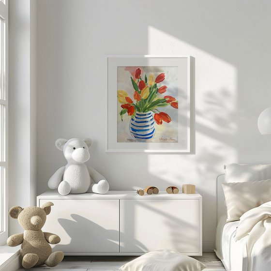 Striped Vase with Tulips