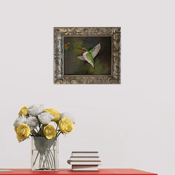 Gorgeous ruby throat hummingbird original oil painting 8x10 fully framed