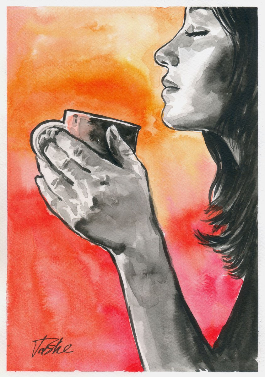 Urban And Pop Portrait Ink Drawing By Tashe, 8 X 12", Warm Morning, Original Artwork