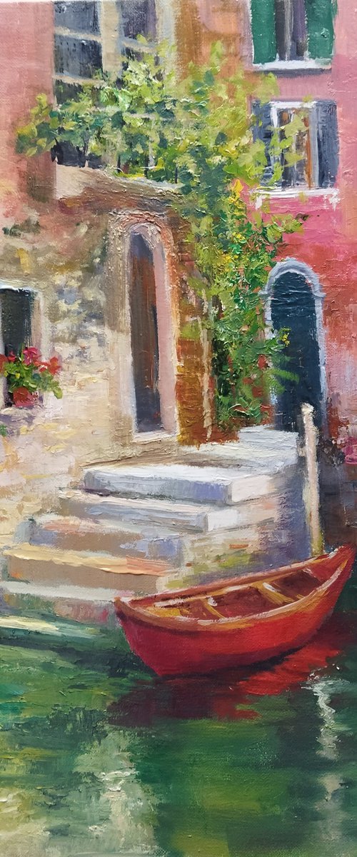 Red boat in Venice by Ann Krasikova