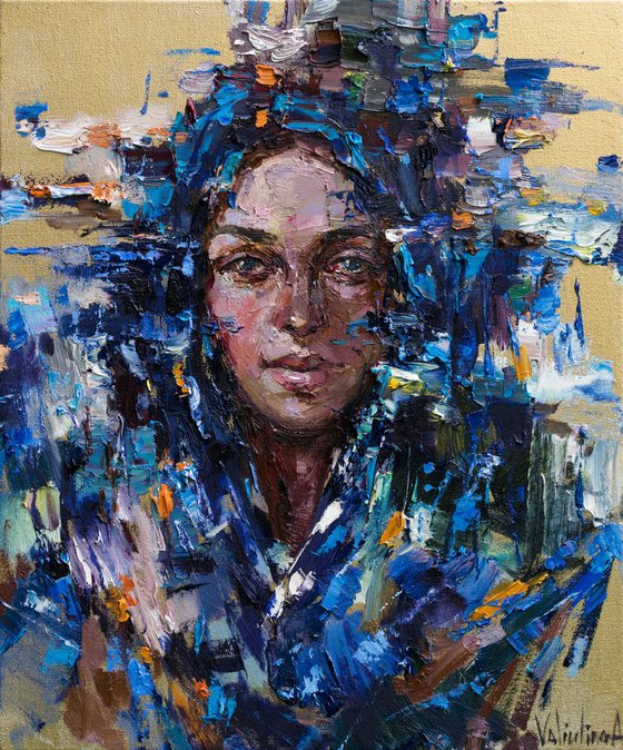 Woman in Blue head scarf - Original oil painting