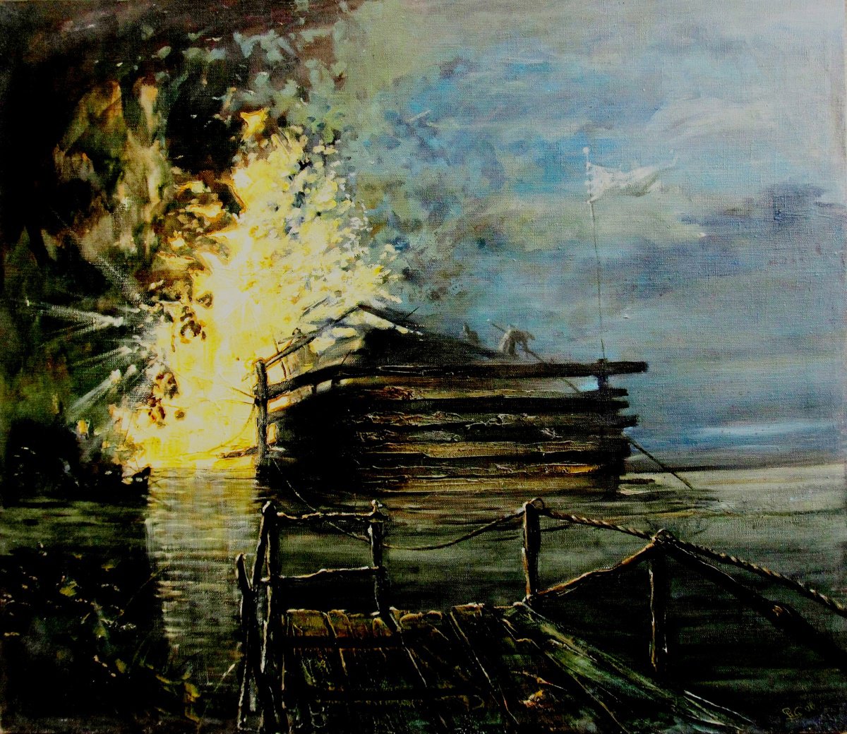 Surrealistic Abstract Oil Painting By Serhiy Roy, 30 X 25", The Ferry, Original Artwork