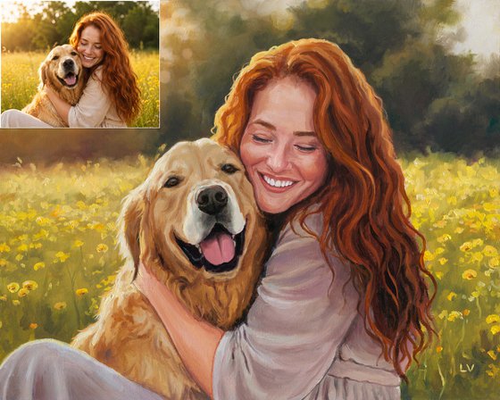 Personalized dog and owner oil portrait