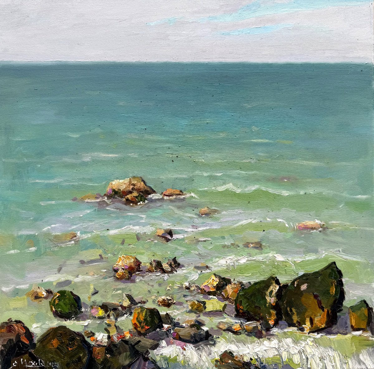 Impressionistic Landscape Oil Painting By Evgeniia Mekhova, 20 X 20, Stones In The Water, Original Artwork