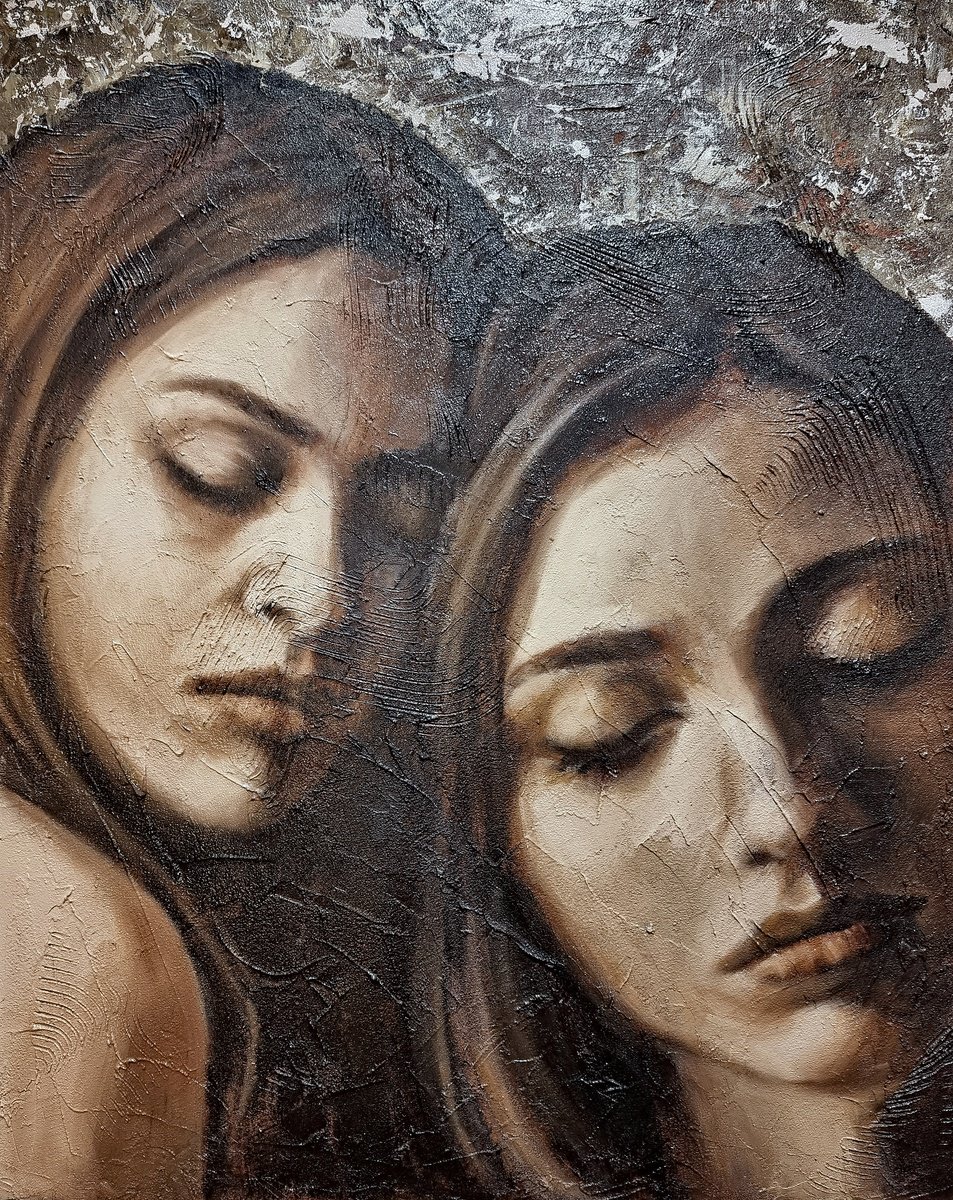 Expressive Portrait Oil Painting By Artmoods Tp, 16 X 20, The Comforter, Original Artwork