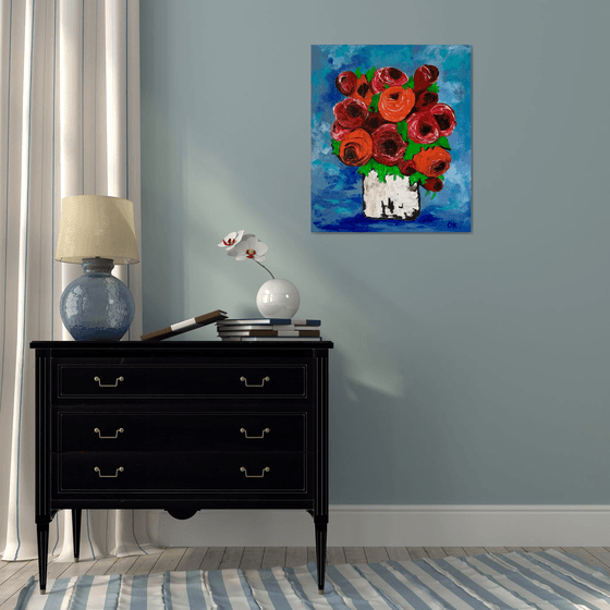 BOUQUET OF Red  Roses textured acrylic painting, palette knife artwork