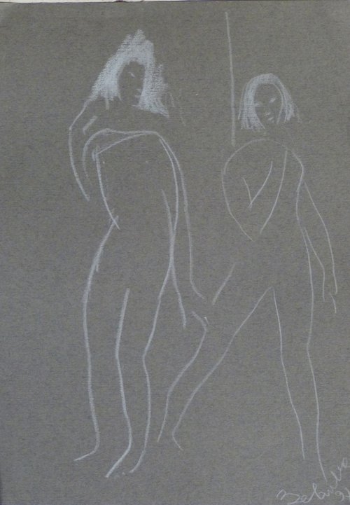 TWO NUDES on the BEACH minimalist pastel drawing 21x29cm by Frederic Belaubre