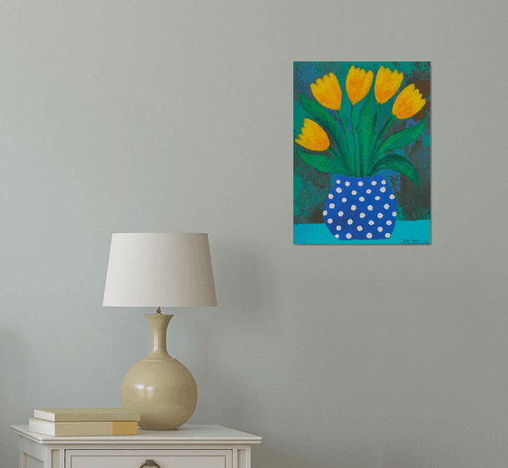 Yellow Tulips in Polka dots Vase