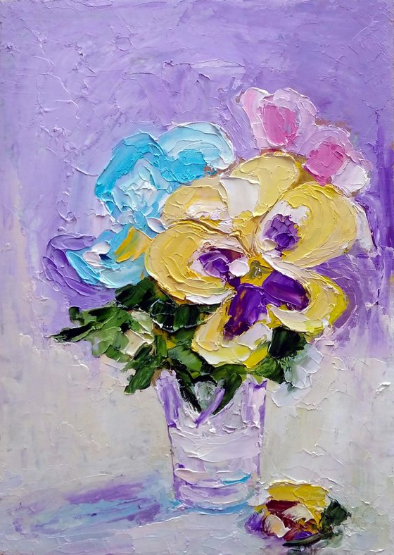 The bouquet of pansies, Bouquet of Violets Painting Original Art Small Flower Artwork Floral Wall Art