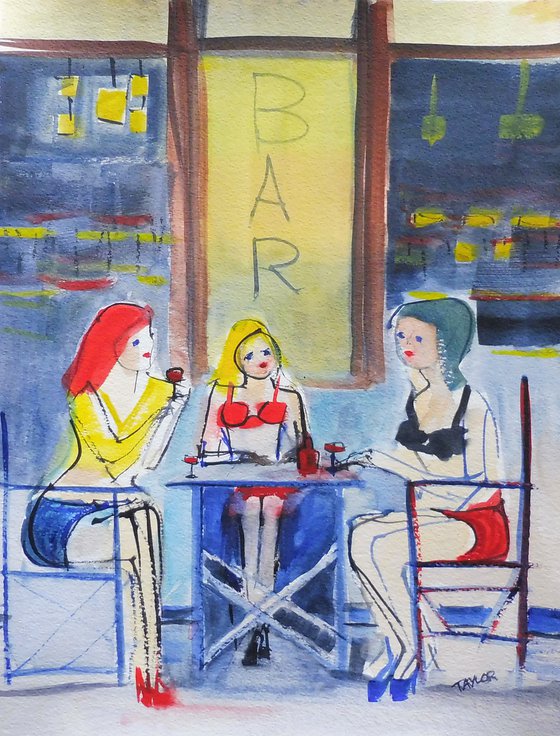 GIRLS RED WINE CAFE. Original Impressionistic Figurative Watercolour Painting.