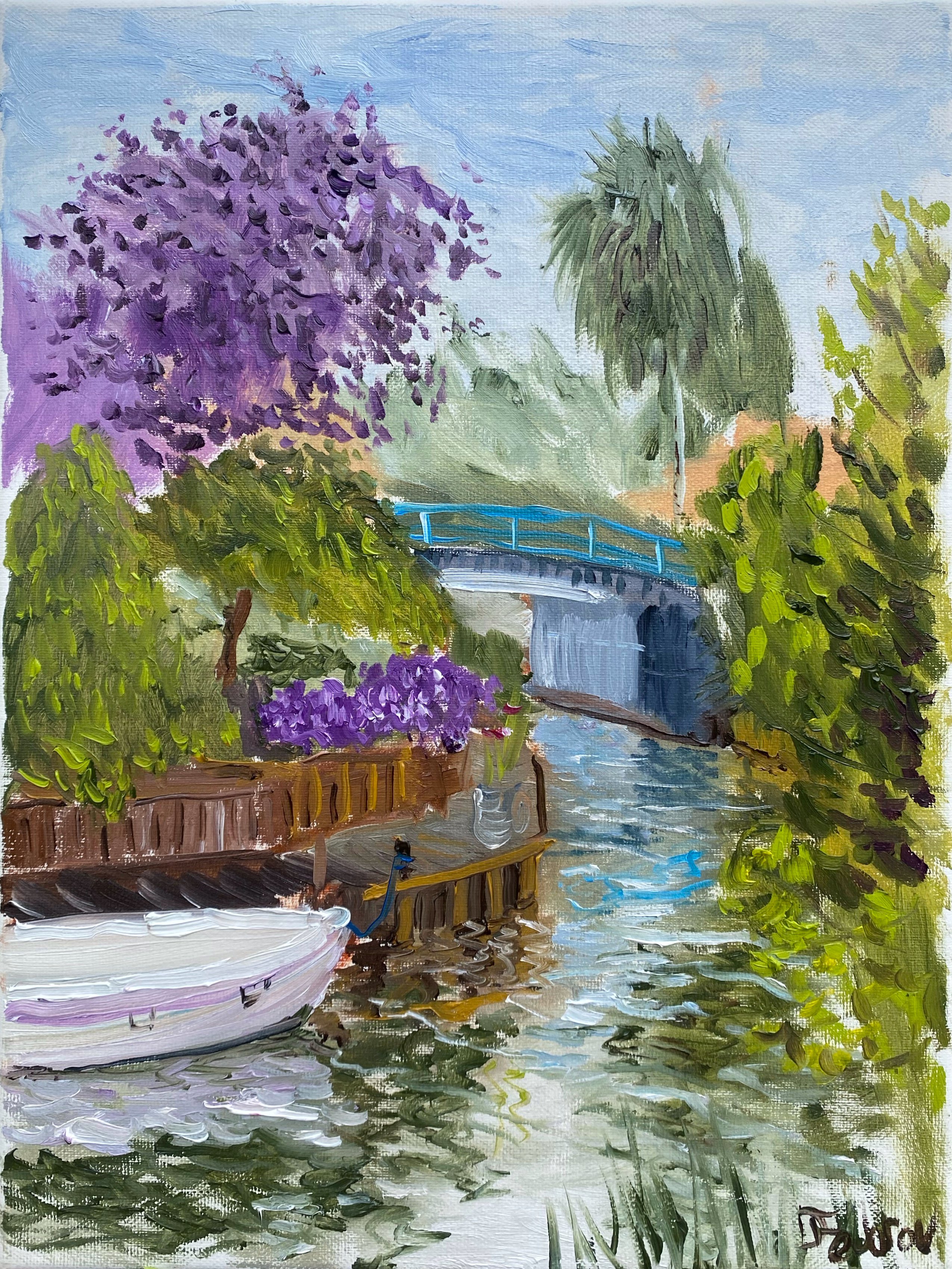Impressionistic Landscape Oil Painting By Dmitry Fedorov, 12 X 16, Canal In Dutch Town, Original Artwork
