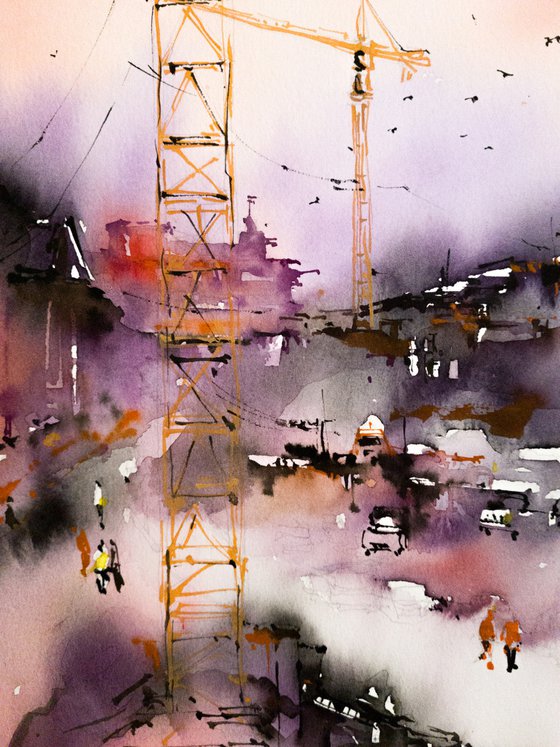 Construction site. Original watercolor painting