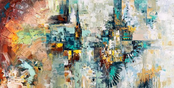 Abstract Painting - Being In The Flow Original Cityscape White Grey Aqua Blue Painting