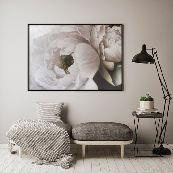"Velvet Peonies" White silver flowers oil art
