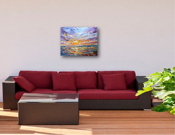 Lavender sky - Original Sunset Painting on Canvas, Heavy impasto seascape artwork