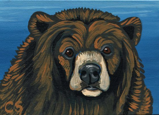 ACEO ATC Original Miniature Painting Brown Bear Wildlife Art-Carla Smale