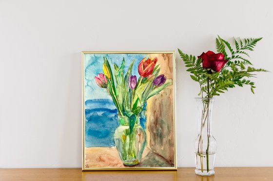 Tulips Original Watercolor Painting, Mothers Day Gift, Boho Colorful Wall Decor